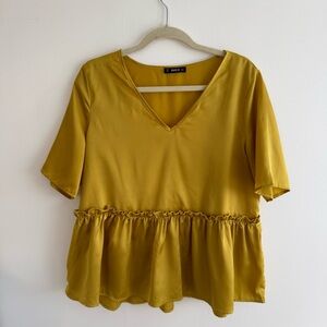 Gold Satin V-Neck Ruffle Peplum Blouse